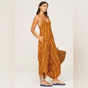 Kahindo Kano Orange Yellow Patterned Cropped Wide Leg Jumpsuit Size Large